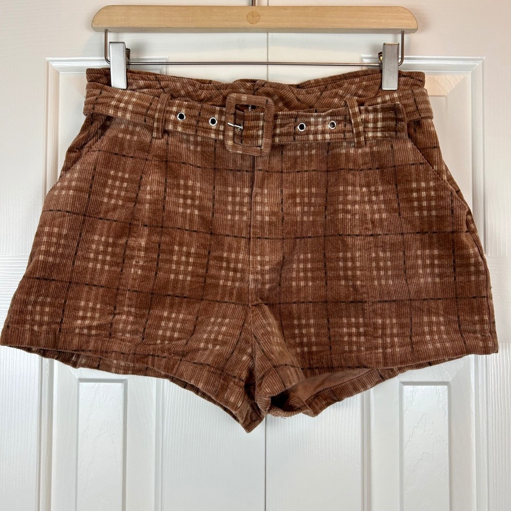 Altar'd State Brown Plaid Corduroy Belted Shorts Medium